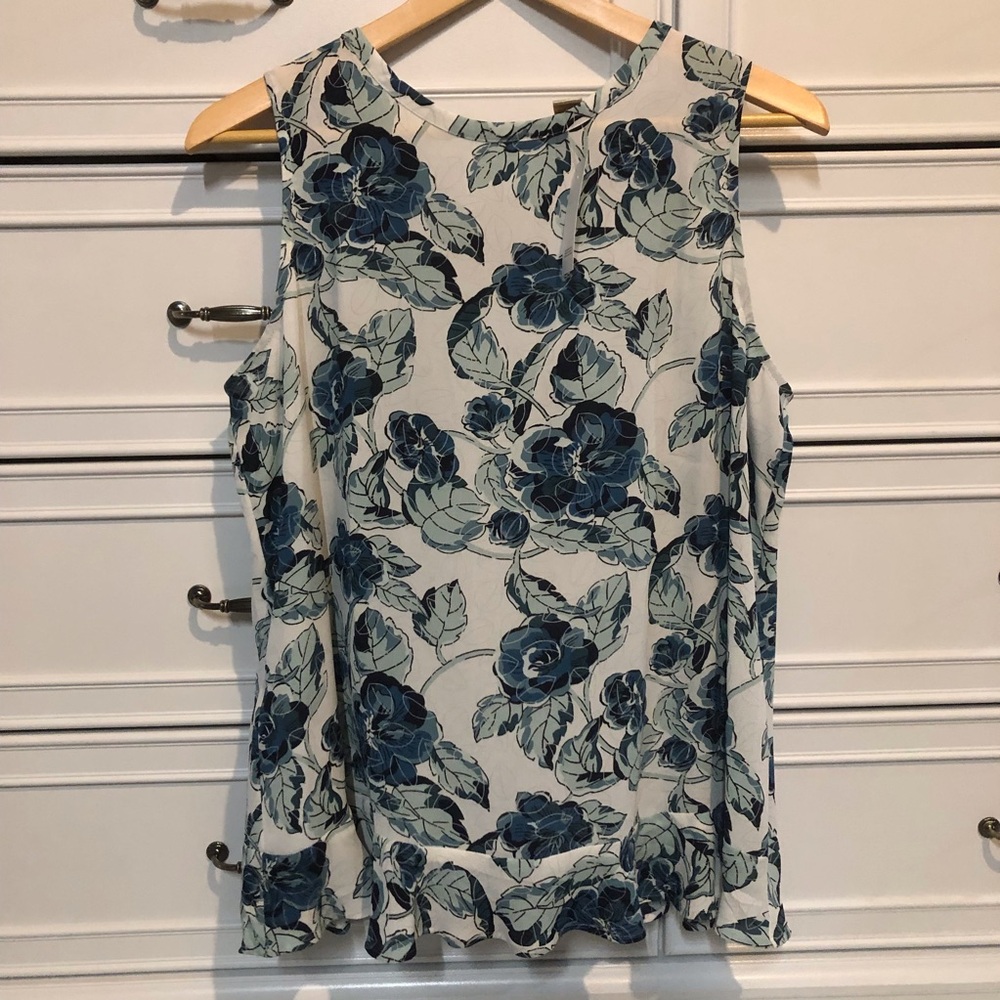 LOFT Women’s Ann Taylor Sleeveless Floral White Blue Blouse Top Tie Back NWT L